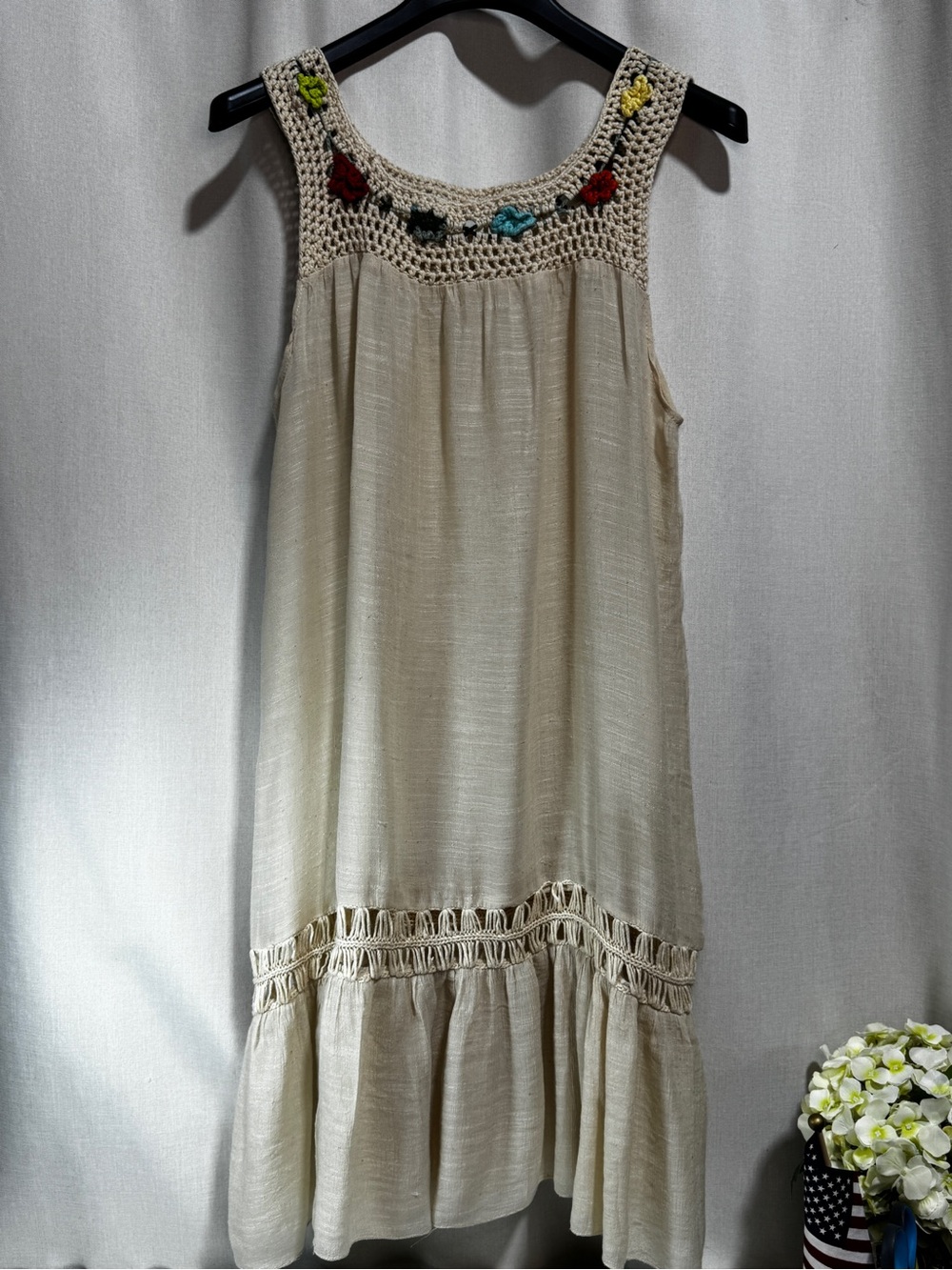 Women’s Beige Sleeveless A-line Midi Dress Square Neck Crochet Cottage Bohemian